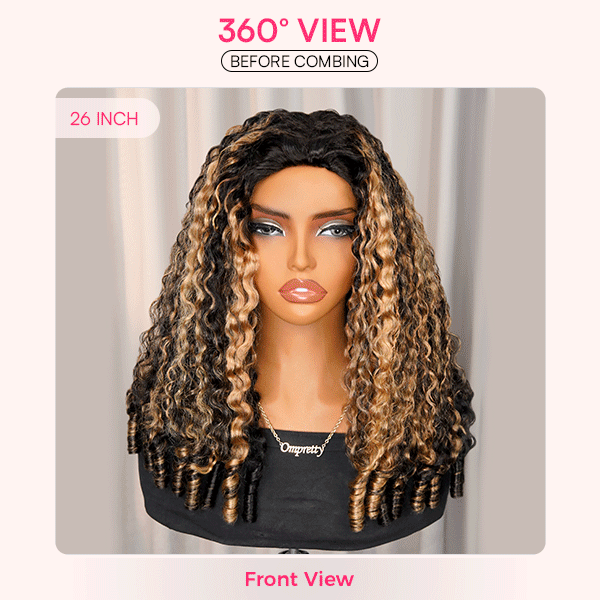 OhMyPretty Highlight Brown Burmese Curly Half Wig Flip Over Wig Invisible Hairline Draw-strings For Beginner