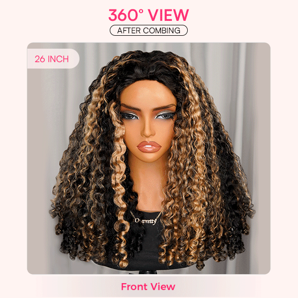 OhMyPretty Highlight Brown Burmese Curly Half Wig Flip Over Wig Invisible Hairline Draw-strings For Beginner