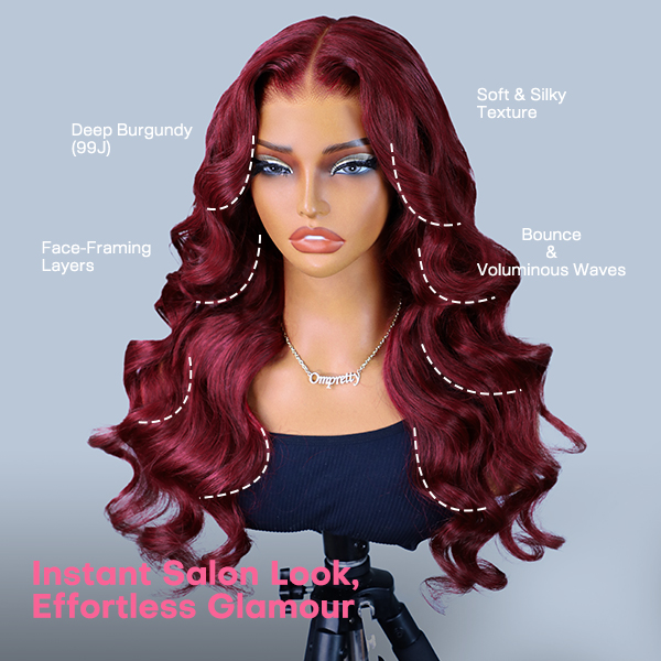 OhMyPretty Face-Framing Layers 99J Color Wear Go Upgraded Body Wave Glueless 7x5 Lace Wig With Pre-plucked Hairline