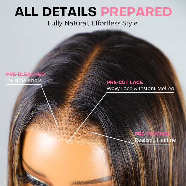 Layered Cut Balayage Highlight Silky Straight Wear Go Glueless 7x5 Lace Wig Pre-Bleached & Pre-Plucked & Pre Cut