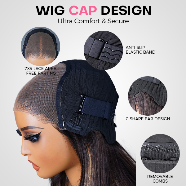 Layered Cut Balayage Highlight Silky Straight Wear Go Glueless 7x5 Lace Wig Pre-Bleached & Pre-Plucked & Pre Cut