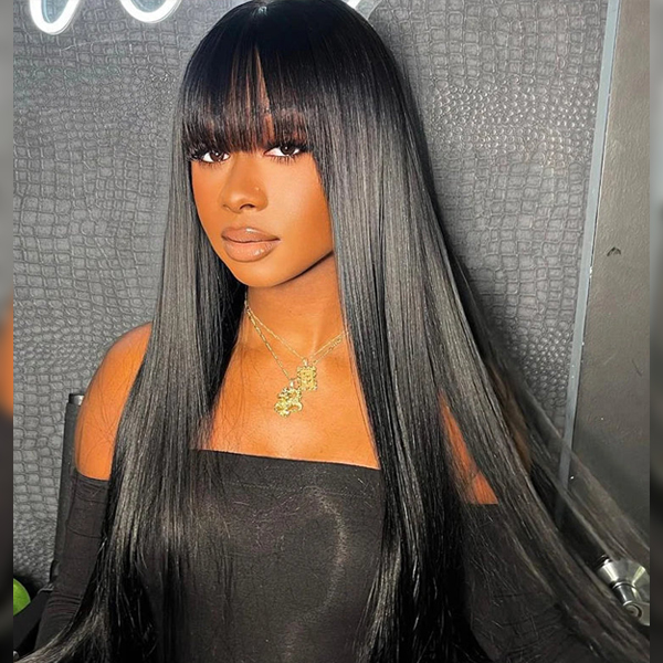 OhMyPretty Glueless Machine Made Realistic Scalp Soft Silky Straight Hair Wig with Bangs 100% Human Hair Wigs