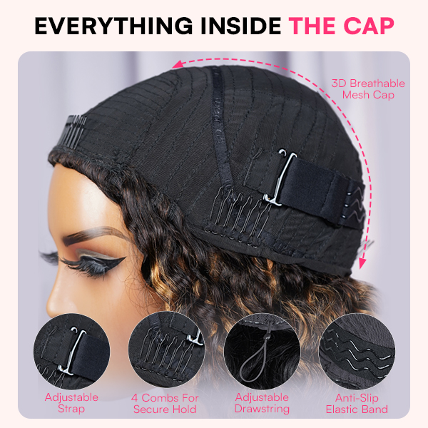 OhMyPretty 1B/30 Highlight Burmese Curly Wear Go Half Wig Flip Over Wig Invisible Hairline Draw-strings For Beginner
