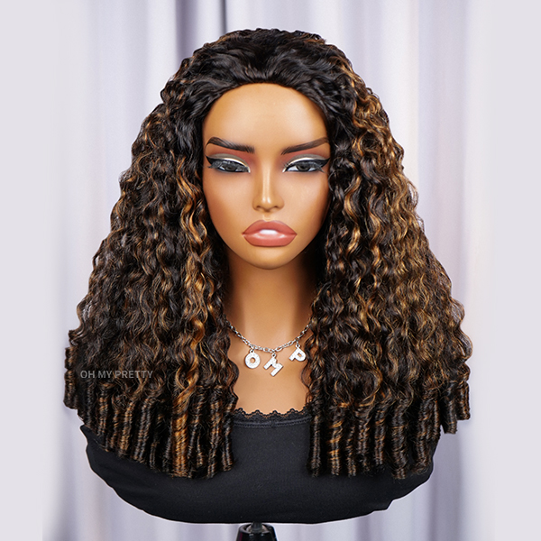 OhMyPretty 1B/30 Highlight Burmese Curly Wear Go Half Wig Flip Over Wig Invisible Hairline Draw-strings For Beginner