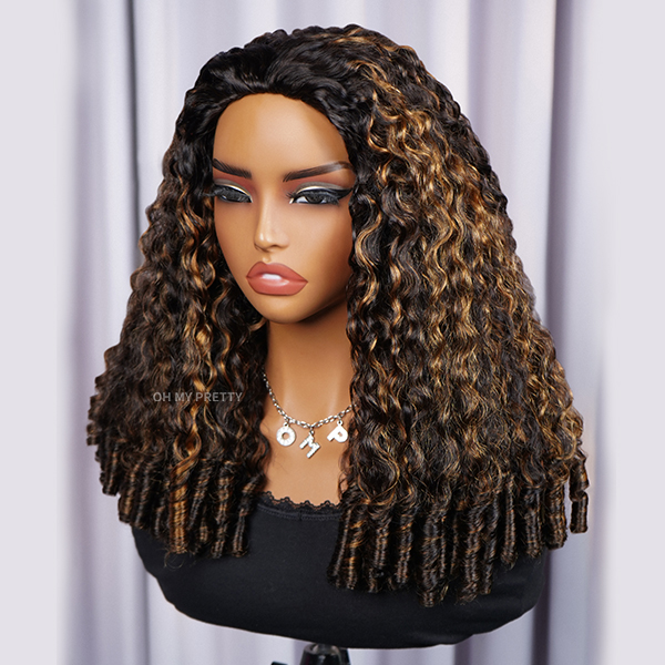 OhMyPretty 1B/30 Highlight Burmese Curly Wear Go Half Wig Flip Over Wig Invisible Hairline Draw-strings For Beginner
