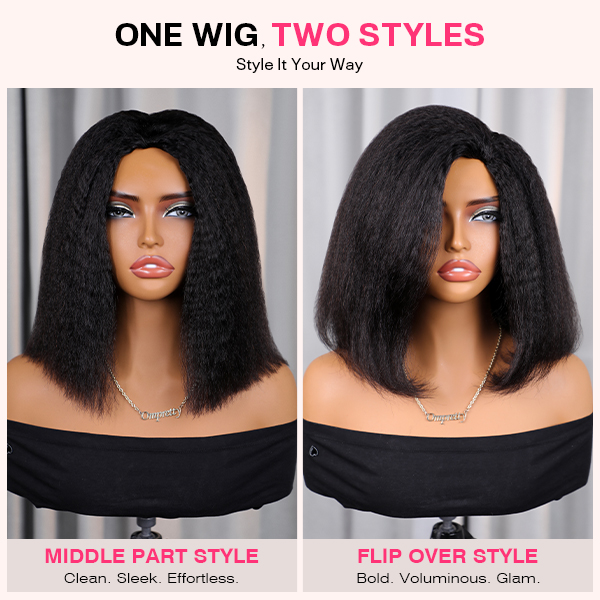 OhMyPretty Blowout Bob Perm Straight Wear Go Half Wig Flip Over Wig Invisible Hairline Draw-strings Blend & Secure For Beginner 