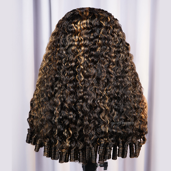 OhMyPretty 1B/30 Highlight Burmese Curly Wear Go Half Wig Flip Over Wig Invisible Hairline Draw-strings For Beginner