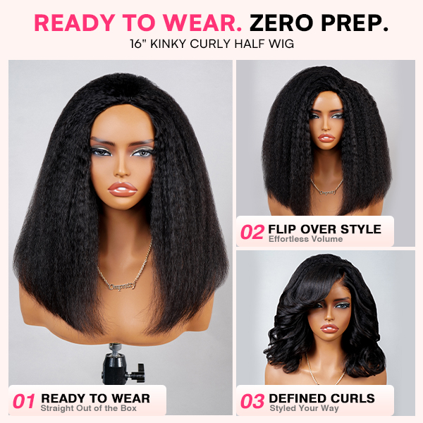 OhMyPretty Wear Go Half Wig 3 IN 1 Kinky Straight Flip Over Wig Invisible Hairline Draw-strings For Beginner