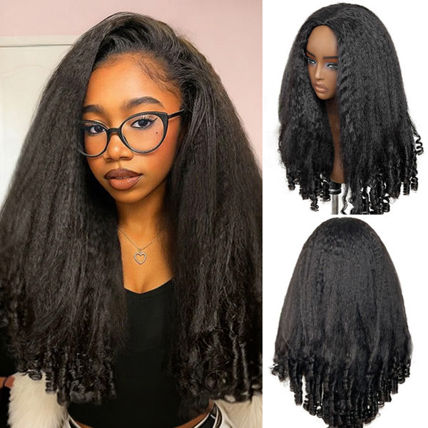 OhMyPretty Wear Go Half Wig 3 IN 1 Kinky Straight With Spiral Curly Ends Flip Over Wig For Beginner Invisible Hairline