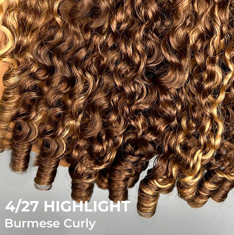 9x6 Burmese Curly Highlight Brown 4/27 Color M-cap Wear Go Glueless Wig Elastic Drawstring
