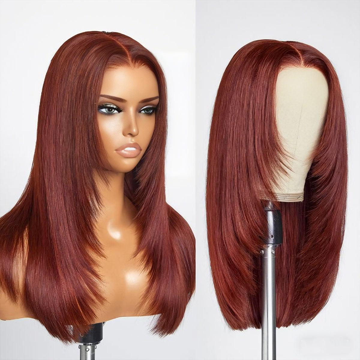 Layered Cut Reddish Brown Straight Wear Go Glueless 7x5 Lace Wigs Pre-Plucked Hairline Pre-Cut Lace Tiny Knots