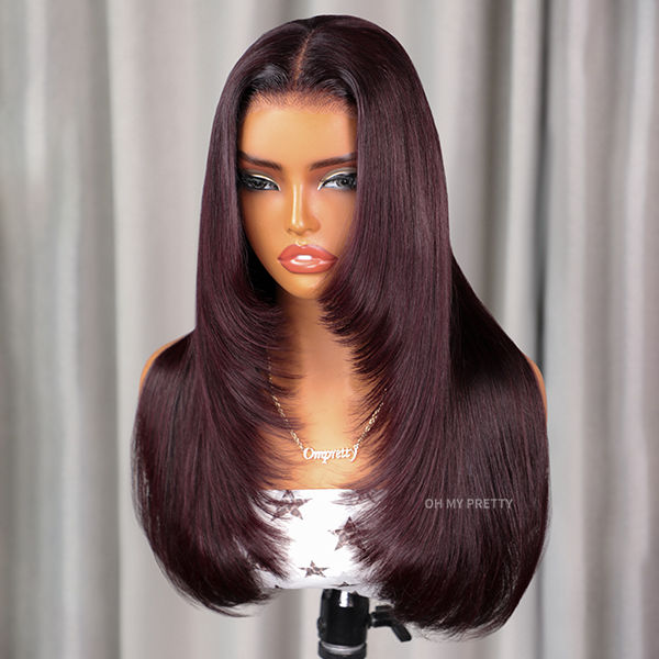 Blackcurrant Brunette 7x5 Lace Wear Go Glueless Layered Straight Human Hair Wig Dark Burgundy