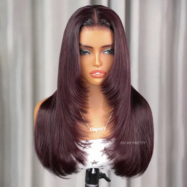Blackcurrant Brunette 7x5 Lace Wear Go Glueless Layered Straight Human Hair Wig Dark Burgundy