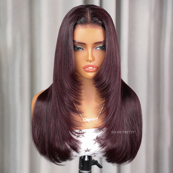 Blackcurrant Brunette 7x5 Lace Wear Go Glueless Layered Straight Human Hair Wig Dark Burgundy