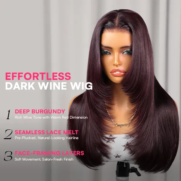 Blackcurrant Brunette 7x5 Lace Wear Go Glueless Layered Straight Human Hair Wig Dark Burgundy