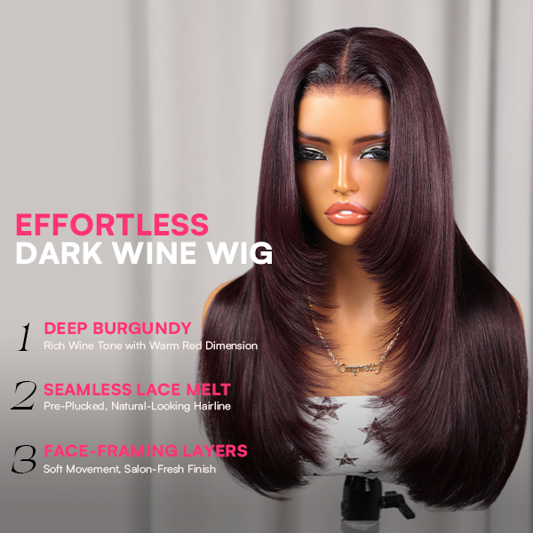 Blackcurrant Brunette 7x5 Lace Wear Go Glueless Layered Straight Human Hair Wig Dark Burgundy