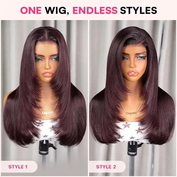 Blackcurrant Brunette 7x5 Lace Wear Go Glueless Layered Straight Human Hair Wig Dark Burgundy