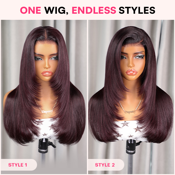Blackcurrant Brunette 7x5 Lace Wear Go Glueless Layered Straight Human Hair Wig Dark Burgundy