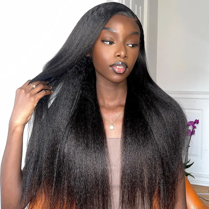 Luxury Wear Go 13x6 Kinky Straight Layered Cut Glueless Wig Lace Front Wig With Invisi Draw-string 250% Density