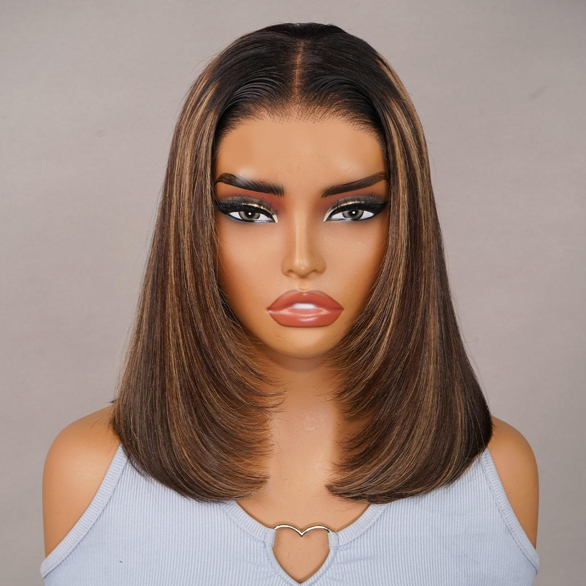 250% Density Highlight Brown Color 7x5 Wear Go Wig Layered Cut Bob Yaki Straight Glueless Wig