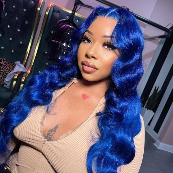 Blue Colored Body Wave Lace Front Wig With Pre-plucked Edges