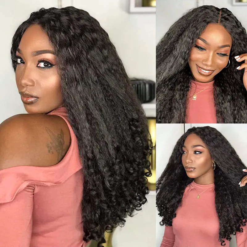 OhMyPretty Wear Go Half Wig 3 IN 1 Kinky Straight With Spiral Curly Ends Flip Over Wig For Beginner Invisible Hairline