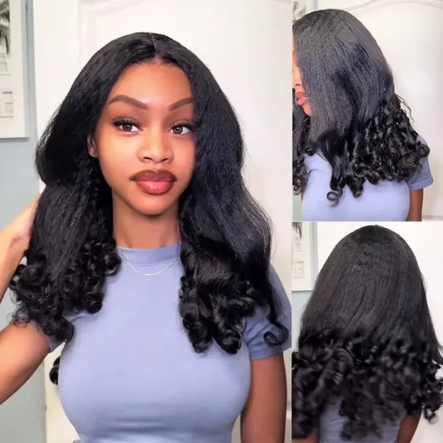 OhMyPretty Wear Go Half Wig 3 IN 1 Kinky Straight With Spiral Curly Ends Flip Over Wig For Beginner Invisible Hairline