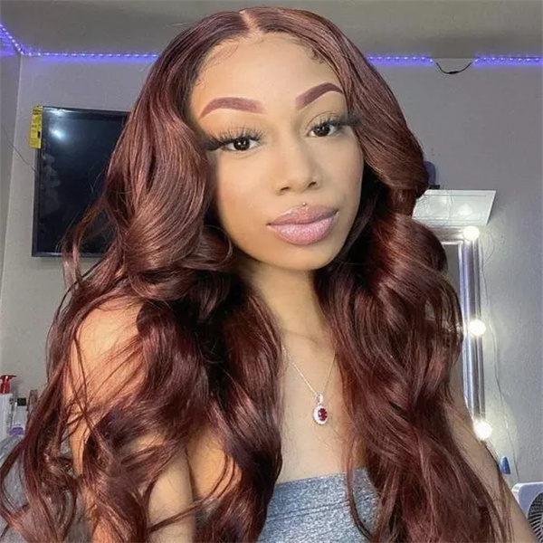 Dark Auburn Colored Wig Body Wave Lace  Wig with Pre-plucked Edges