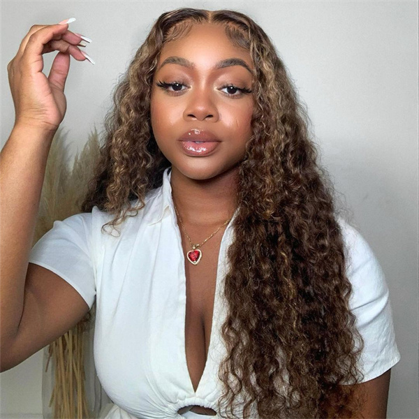 Highlight Water Wave Wig #4/27 Piano Colored Ombre Honey Blonde Lace Front Wig