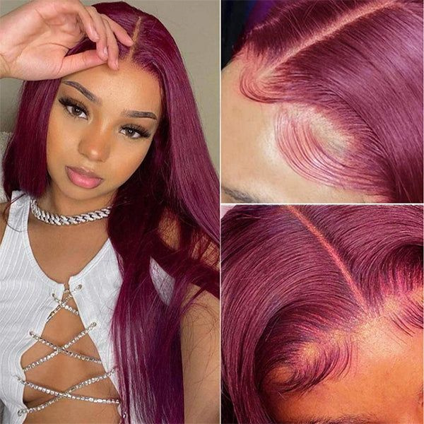 Burgundy 99J Straight Lace Front Wig With Pre-plucked Edges
