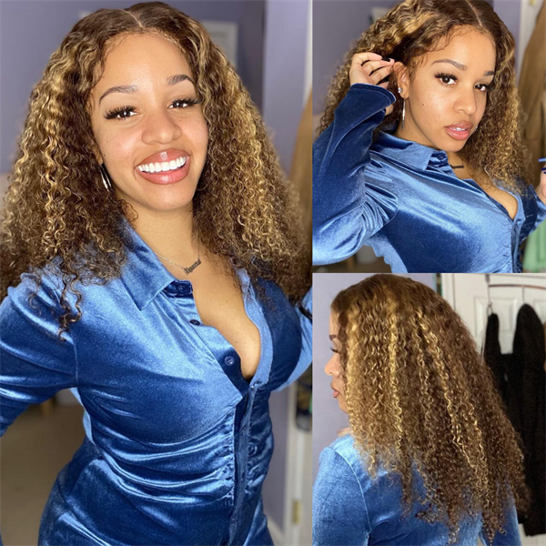 Highlight Kinky Curly Wig #4/27 Piano Colored Ombre Honey Blonde Lace Front Wig