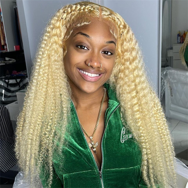 #613 Blonde kinky Curly Lace Front Wig with Pre-plucked Edges