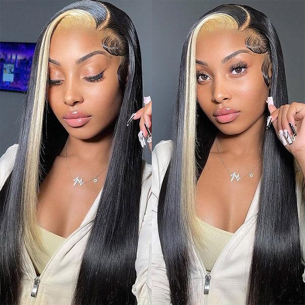Black With Blonde Colored Skunk Stripe Straight Lace Front Wig