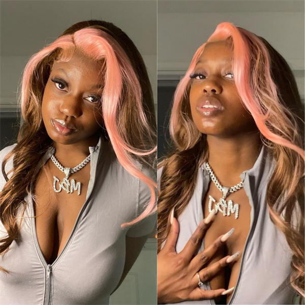 Chocolate Brown With Pink Skunk Stripe Colored Straight Lace Frontal Wig