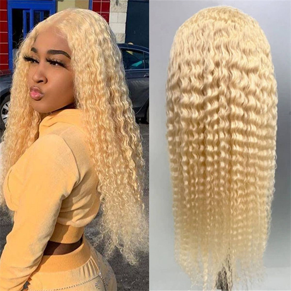 #613 Blonde kinky Curly Lace Front Wig with Pre-plucked Edges