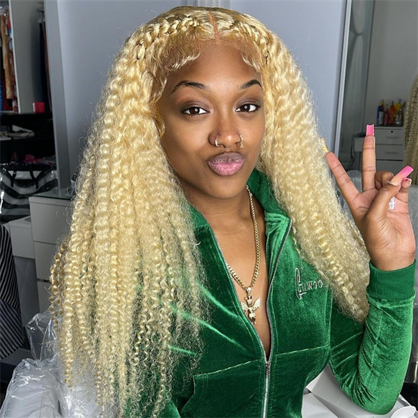 #613 Blonde kinky Curly Lace Front Wig with Pre-plucked Edges