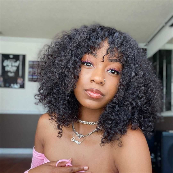 Short Kinky Curly Bob Wig With Wispy Bangs