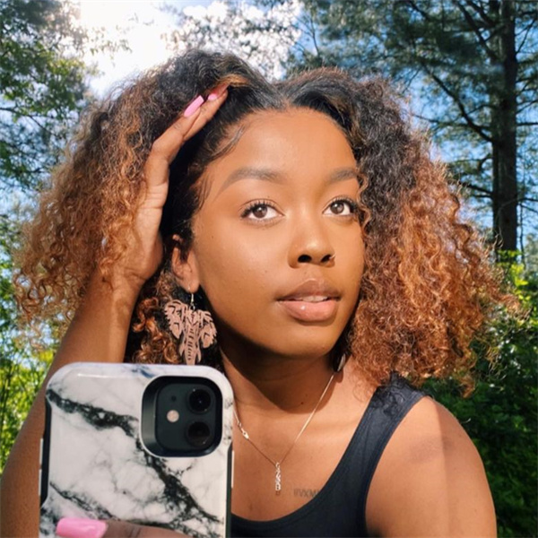 Ombre Brownish-red Colored Kinky Curly Human Hair Lace Front Wig