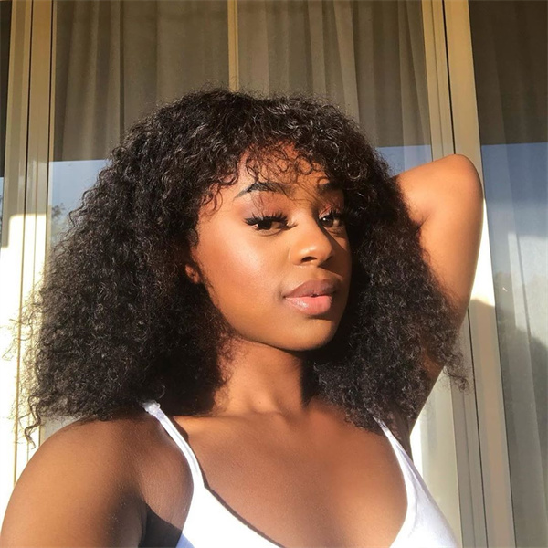 Short Kinky Curly Bob Wig With Wispy Bangs