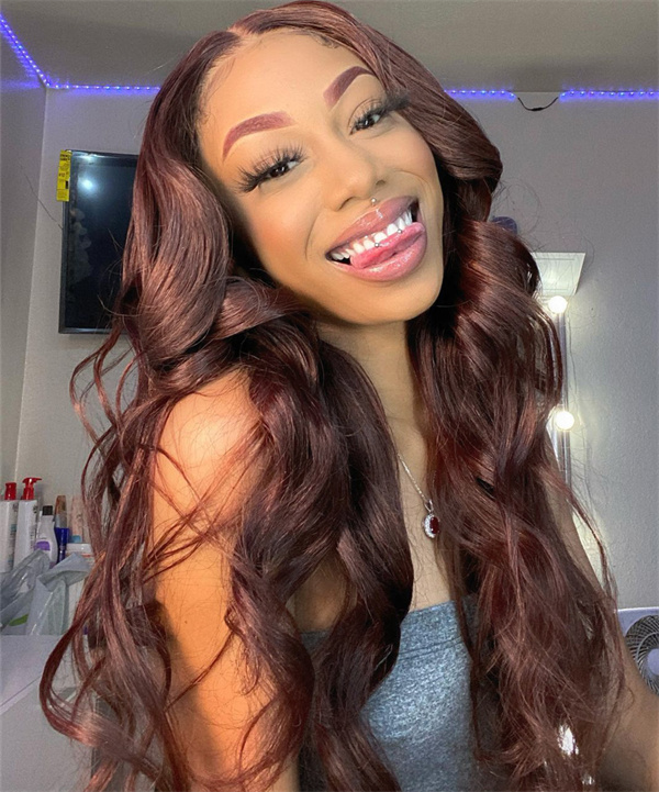 Dark Auburn Colored Wig Body Wave Lace  Wig with Pre-plucked Edges