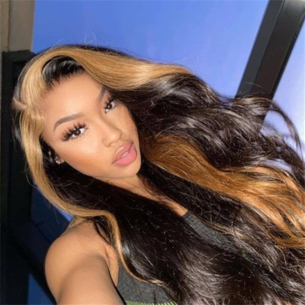 Honey Blonde Skunk Stripe Straight Lace Front Wig With Pre-plucked Edges
