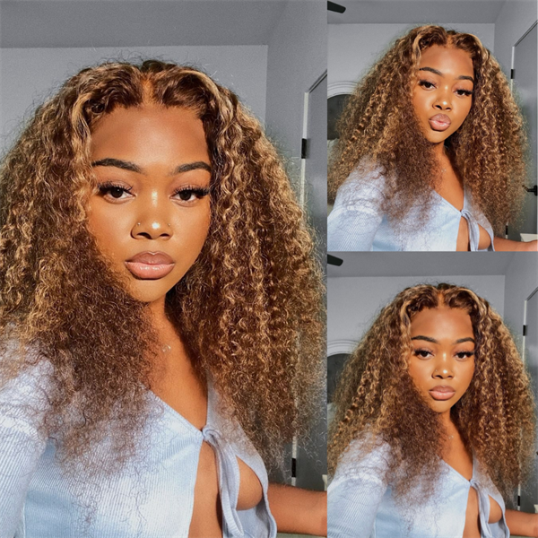Highlight Kinky Curly Wig #4/27 Piano Colored Ombre Honey Blonde Lace Front Wig