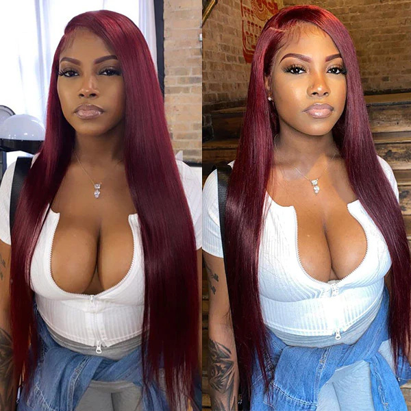 Burgundy 99J Straight Lace Front Wig With Pre-plucked Edges