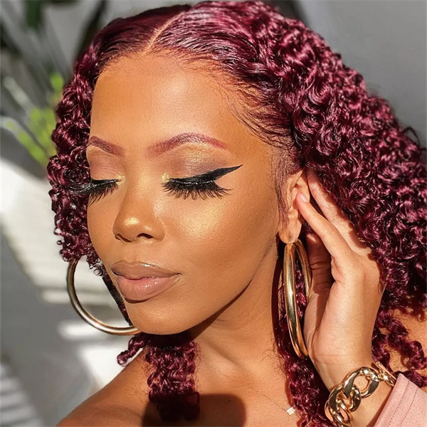 Burgundy Kinky Curly Lace Front Wig With Pre-plucked Edges