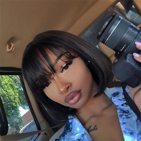 OhMyPretty Short Straight Bob Wig With Wispy Bangs