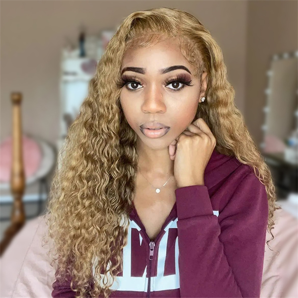 Honey Blonde Water Wave Lace Frontal Wig Pre Plucked
